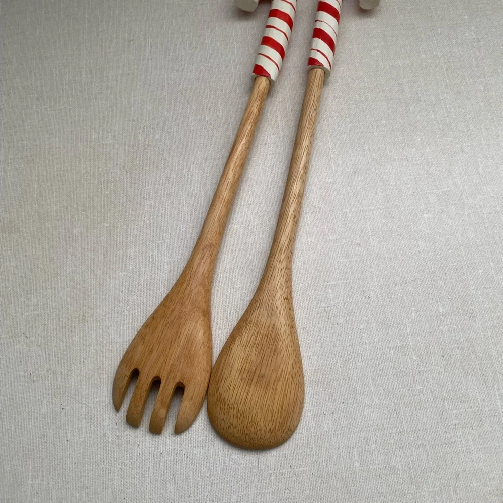 Vintage Christmas Wooden Salad Servers spoons with‎ Candy Cane Handles